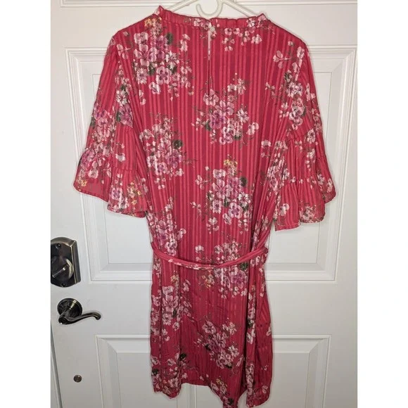 Loft Women's Size Large Dark Pink Floral Dress Lined Keyhole Ruffle Tie Belt EUC - Picture 3 of 7